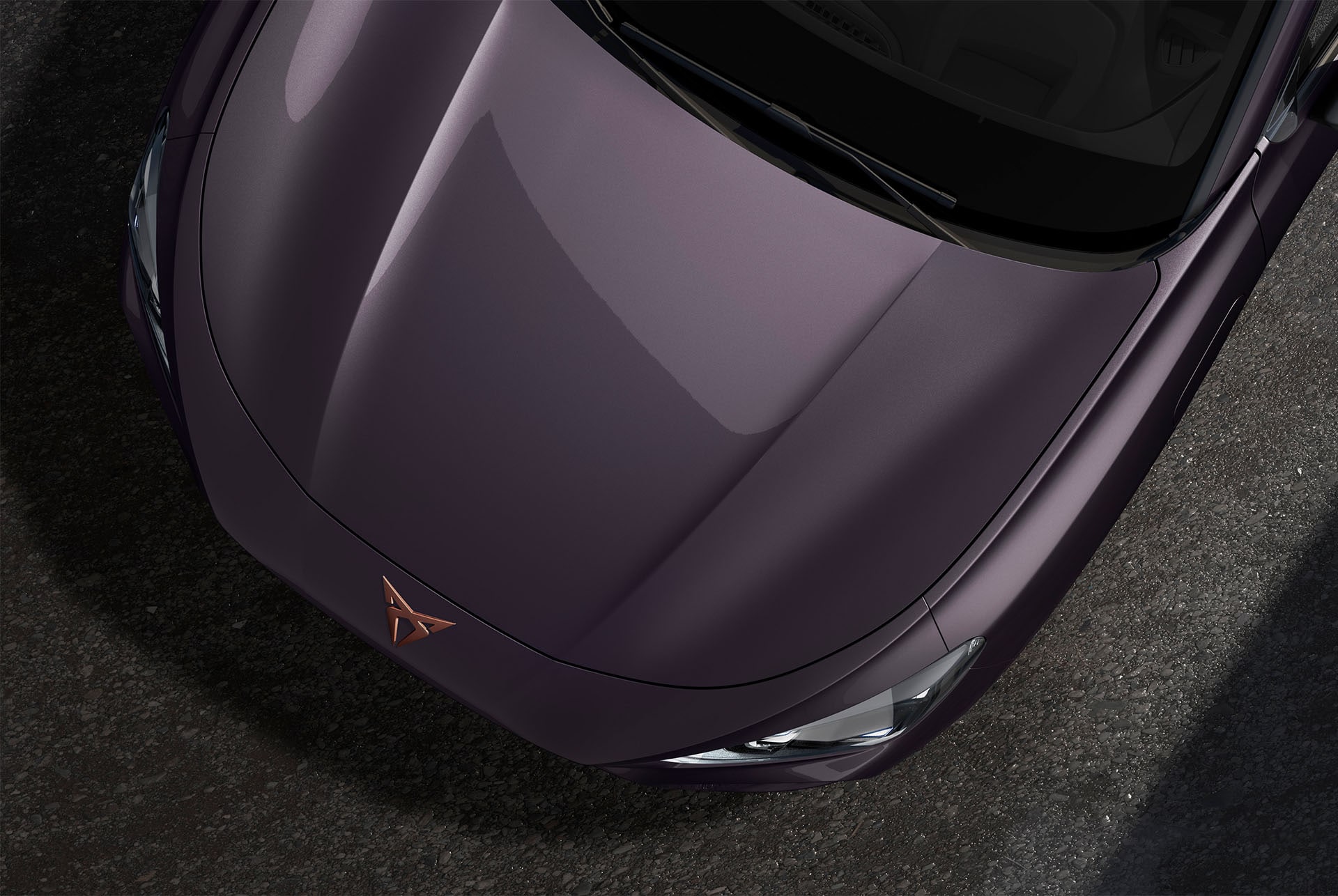 cupra terramar, dark void colour, top-down view of the front hood and headlights.